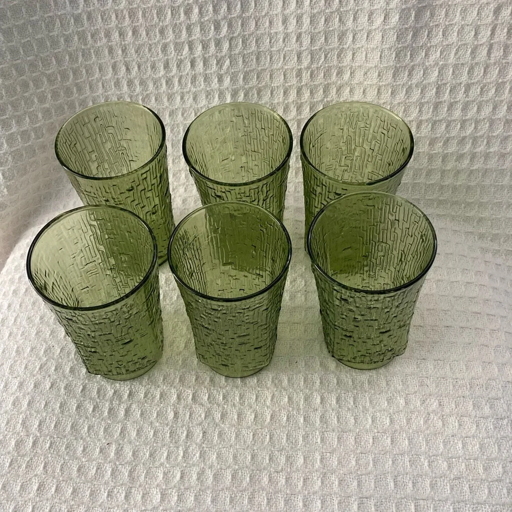 Vintage Anchor Hocking Avocado Green Pagoda Bamboo Pattern Glasses Set Of 6 12oz
